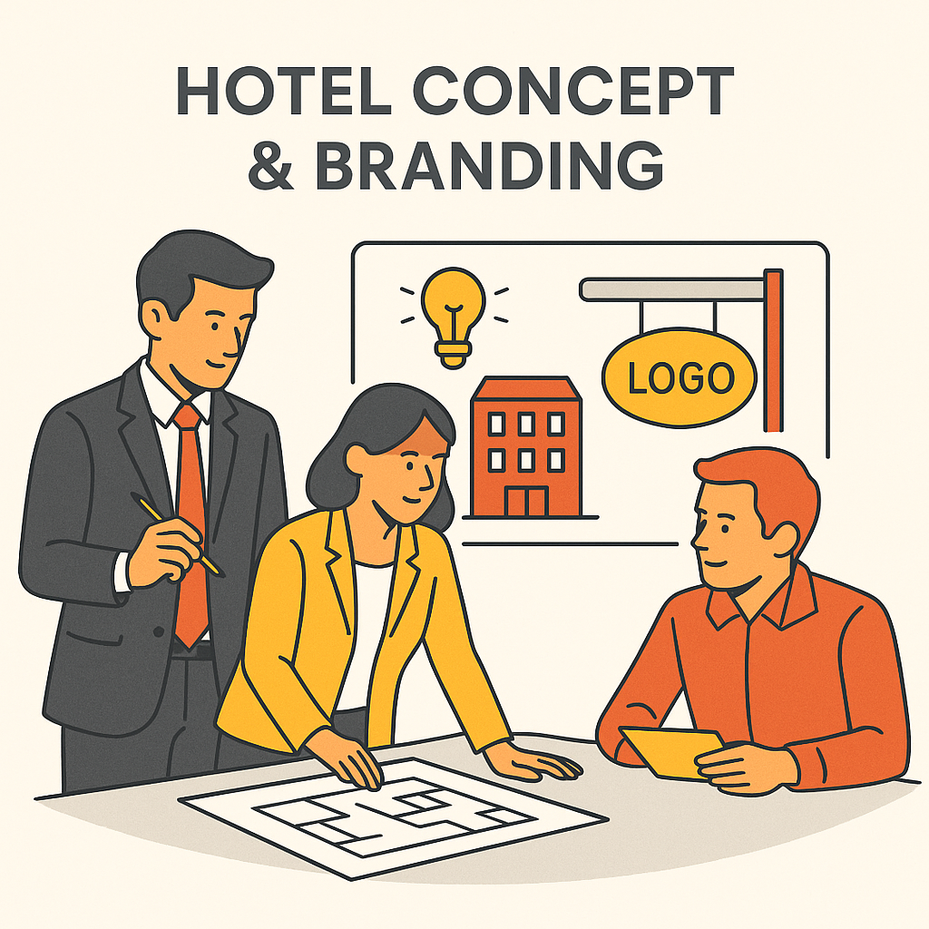 Name creation, logo, story, and visual identity for your hotel concept.