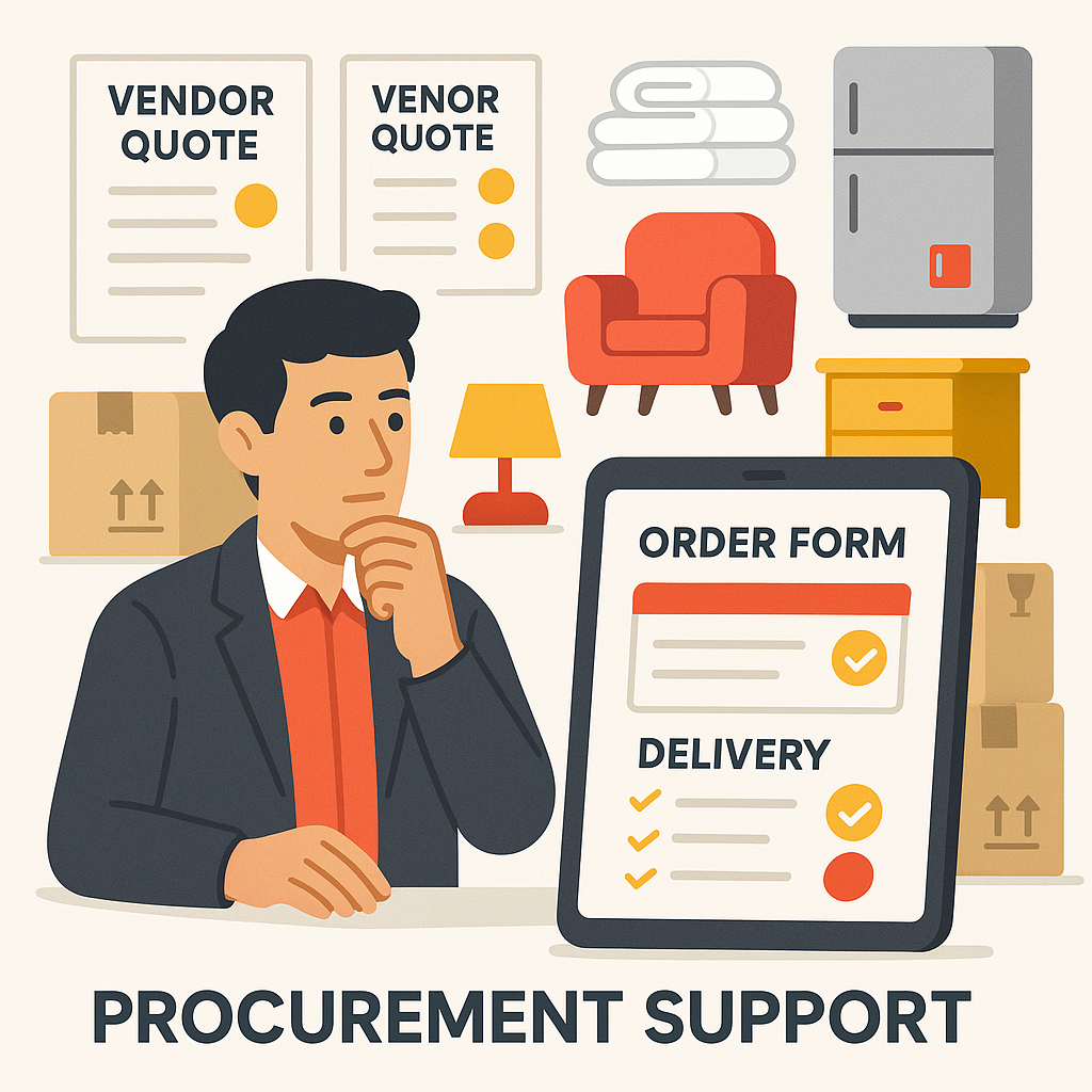 Help sourcing furniture, equipment, amenities, and vendor connections.
